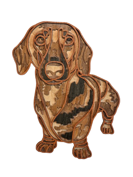 multi-layered wooden wall art of a beautifully detailed Dachshund dog