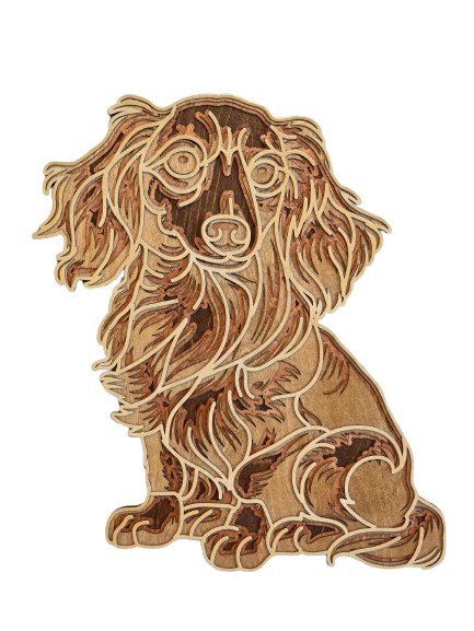 multi-layered wooden wall art of a beautifully detailed Long-Hair Dachshund