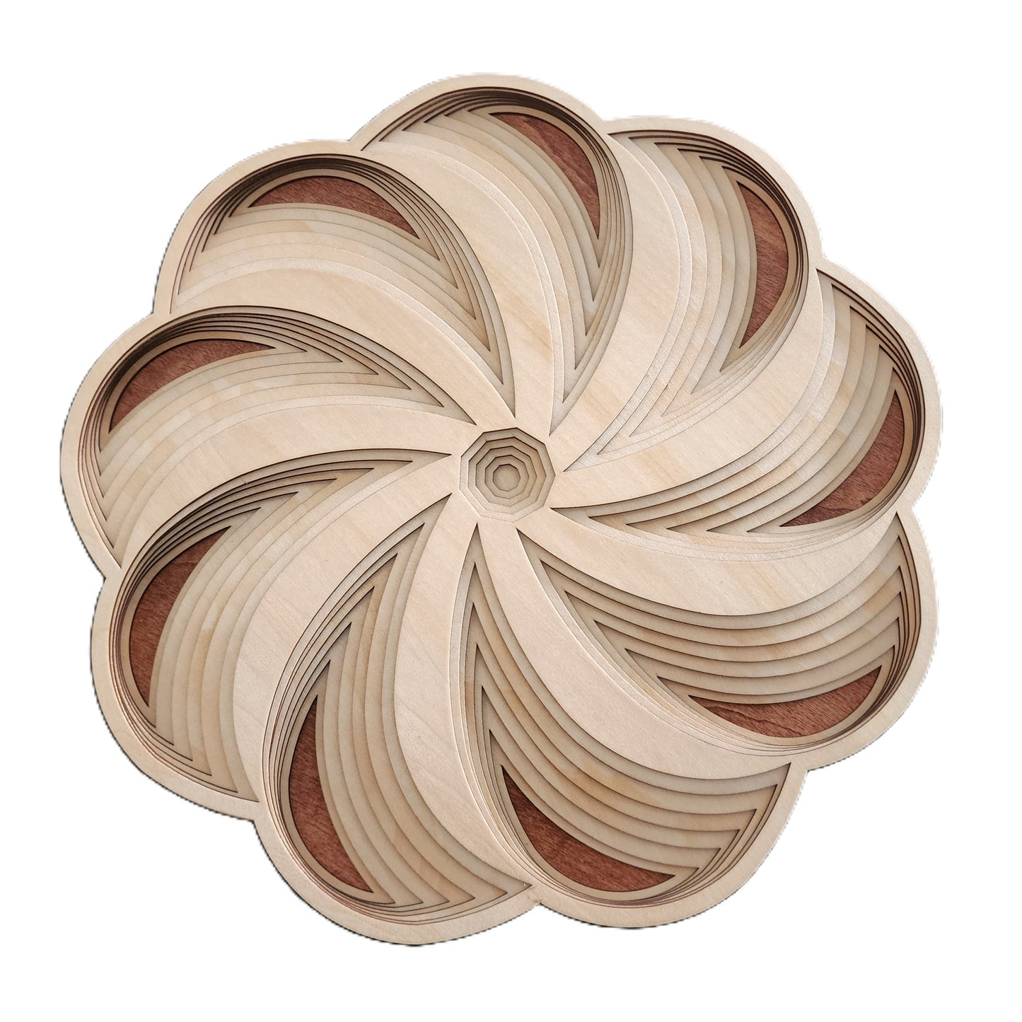 Spiral Bloom Mandala wall art in layered wood with petal-like design, featuring light and dark wood tones.