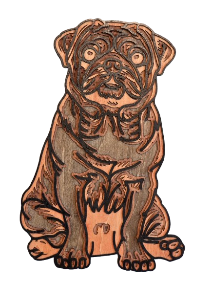 multi-layered wooden wall art of a beautifully detailed Pug dog