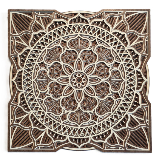 Sacred Bloom Mandala multi-layered wood wall art featuring floral and geometric designs in earthy tones.