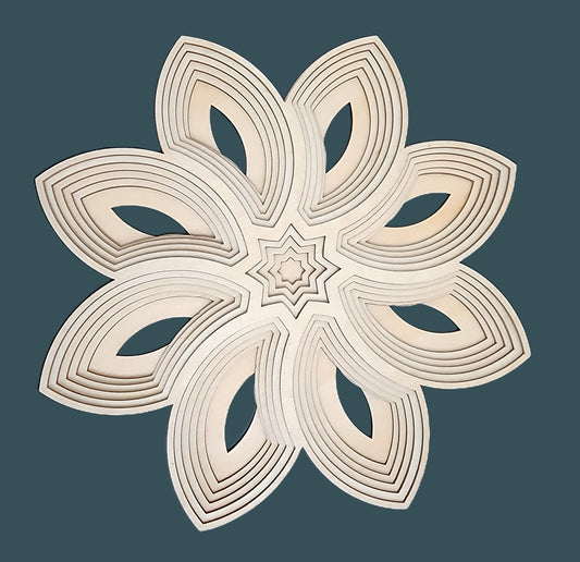 Lotus Star Mandala wood wall art with six layered petals in soft beige against a dark backdrop, perfect for decor.