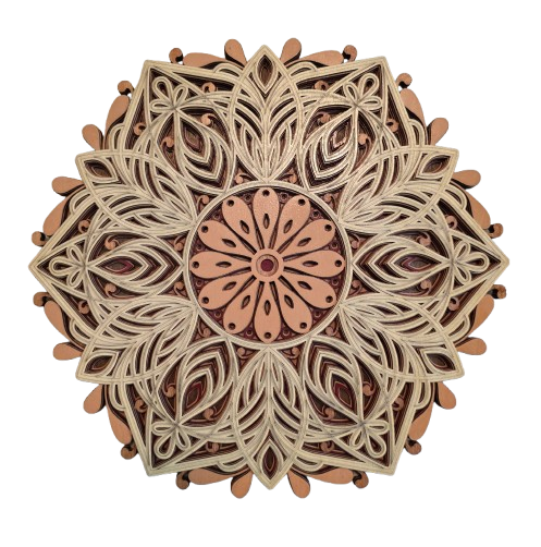 Earthleaf Mandala - Multi-layered wood wall art showcasing petal and leaf patterns in warm beige and brown tones.