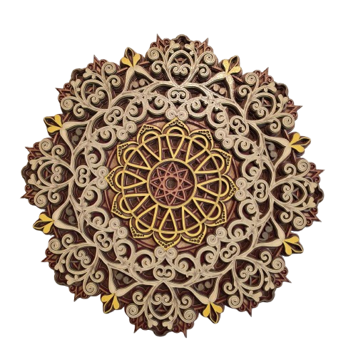 Golden Spiral Mandala wooden wall art with intricate floral patterns in gold, beige, and brown for elegant decor.