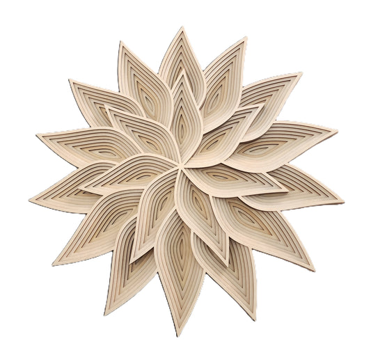 Starflower Essence Mandala wood wall art featuring layered petals in a starburst pattern, crafted from light-toned wood.