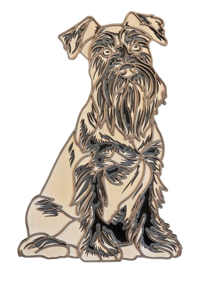 multi-layered wooden wall art of a beautifully detailed Schnauzer dog